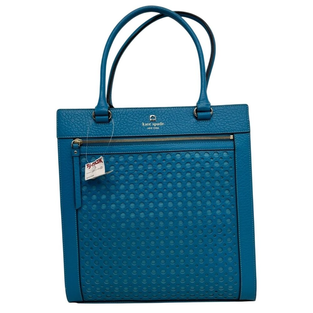 NWT Kate Spade Teal Perforated Leather Tote Bag With Zip Closure & Dual Handles
